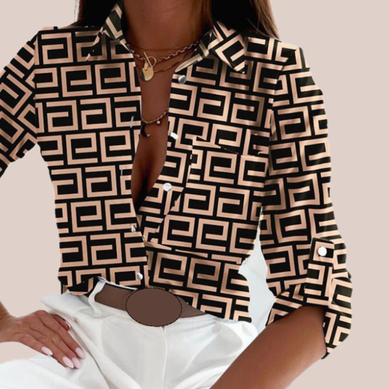 CYRENE | Geometric Print Turn-Down Collar Blouse