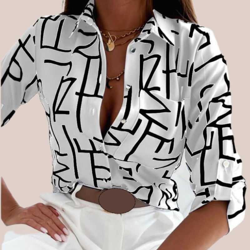 CYRENE | Geometric Print Turn-Down Collar Blouse