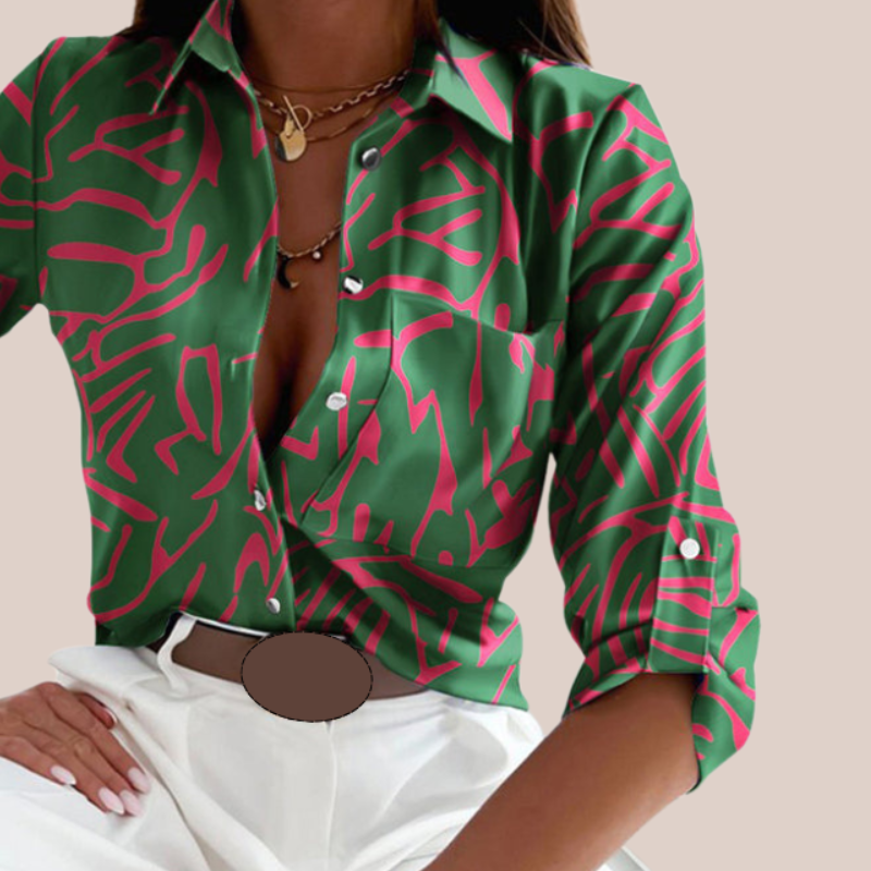 CYRENE | Geometric Print Turn-Down Collar Blouse