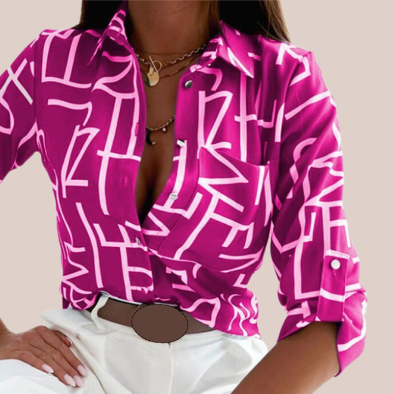CYRENE | Geometric Print Turn-Down Collar Blouse