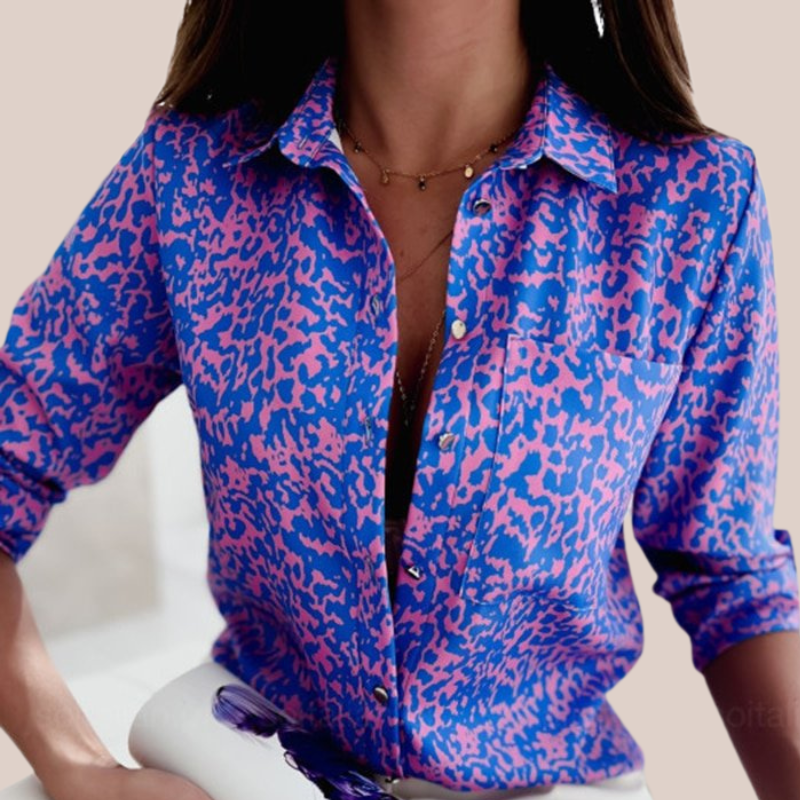 CYRENE | Geometric Print Turn-Down Collar Blouse
